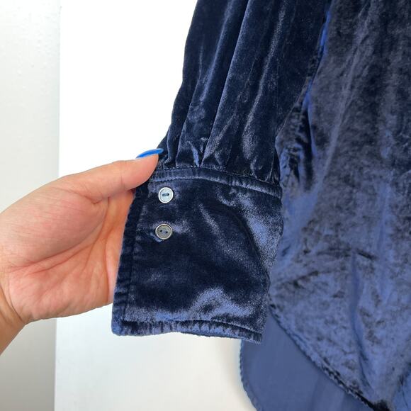 Maeve Anthropologie Size 0 US Blue Velvet Hi-Low Button Down Tunic Shirt VNeck - Picture 5 of 11